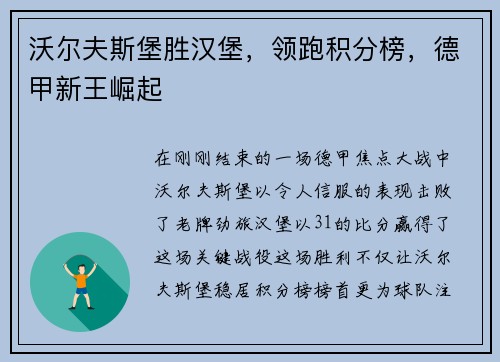 沃尔夫斯堡胜汉堡，领跑积分榜，德甲新王崛起