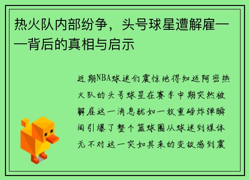 热火队内部纷争，头号球星遭解雇——背后的真相与启示