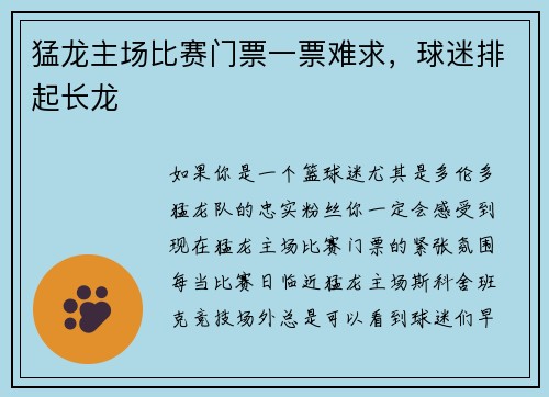 猛龙主场比赛门票一票难求，球迷排起长龙